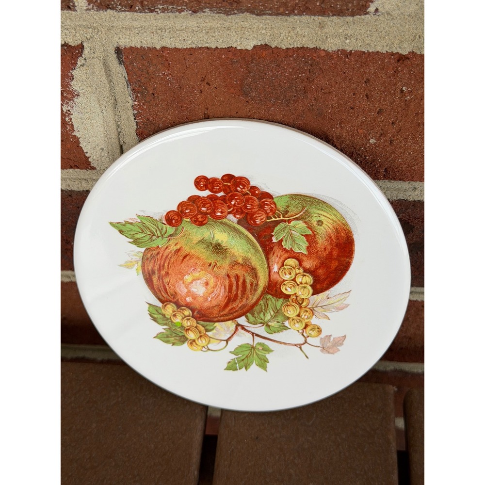 Vintage Ceramic Fruit Trivet Cork Backed Round Hot Pad Apple Berry 6 Inch
